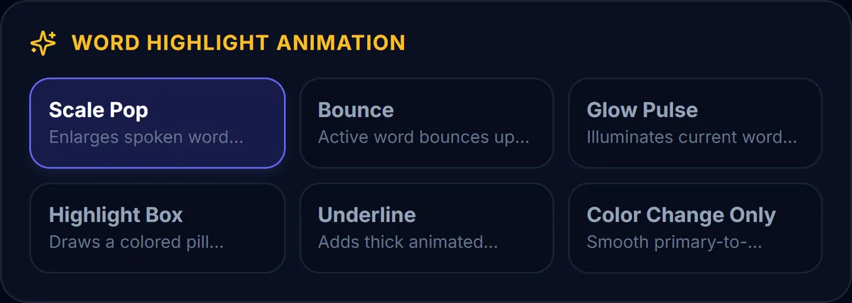 Word Highlight Animation panel listing Scale Pop, Bounce, Glow Pulse, Highlight Box, Underline and Color Change Only