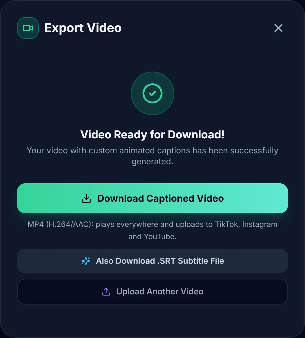 Export dialog with Download Captioned Video and Also Download .SRT Subtitle File buttons