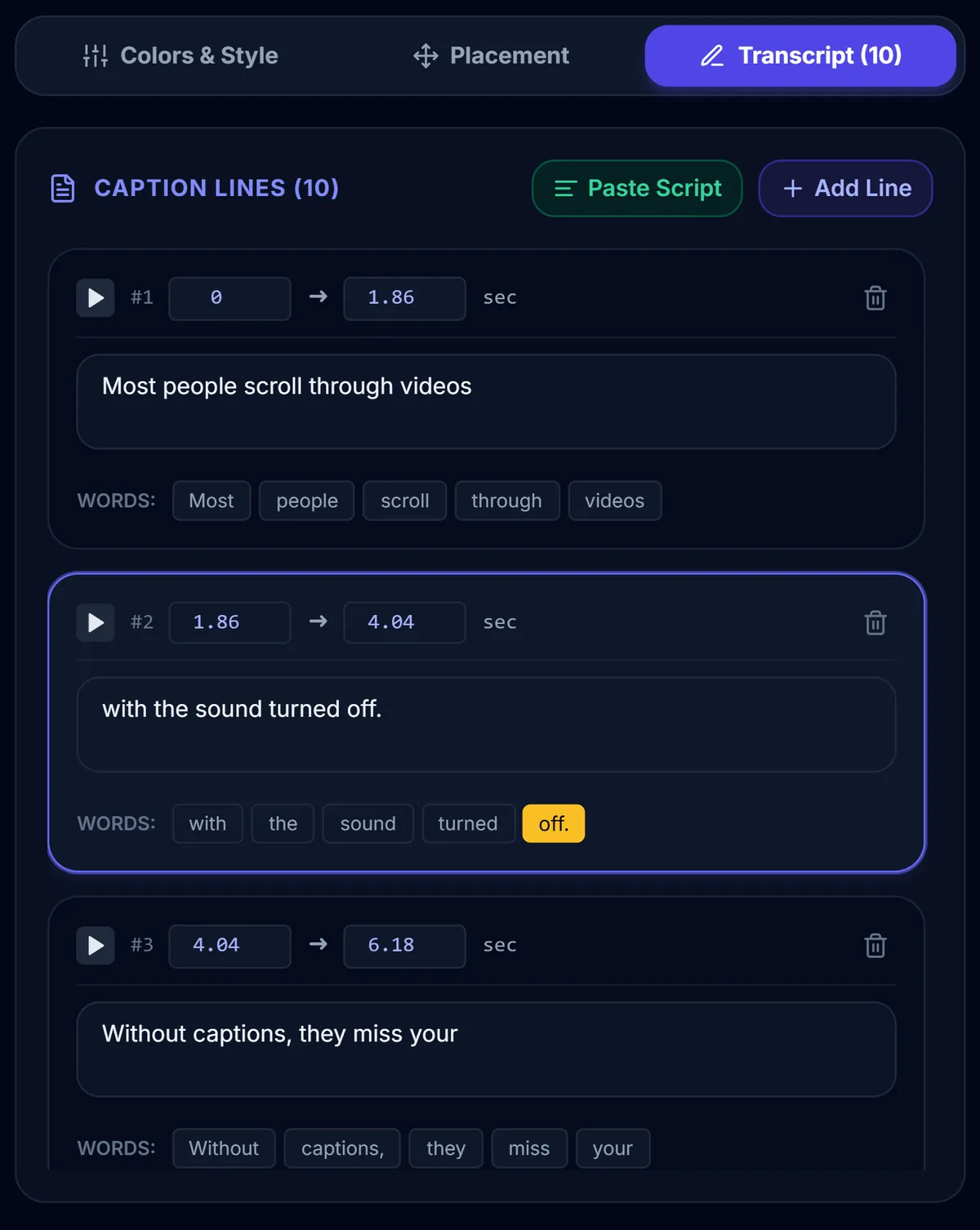 Transcript tab listing imported caption lines with editable start and end times